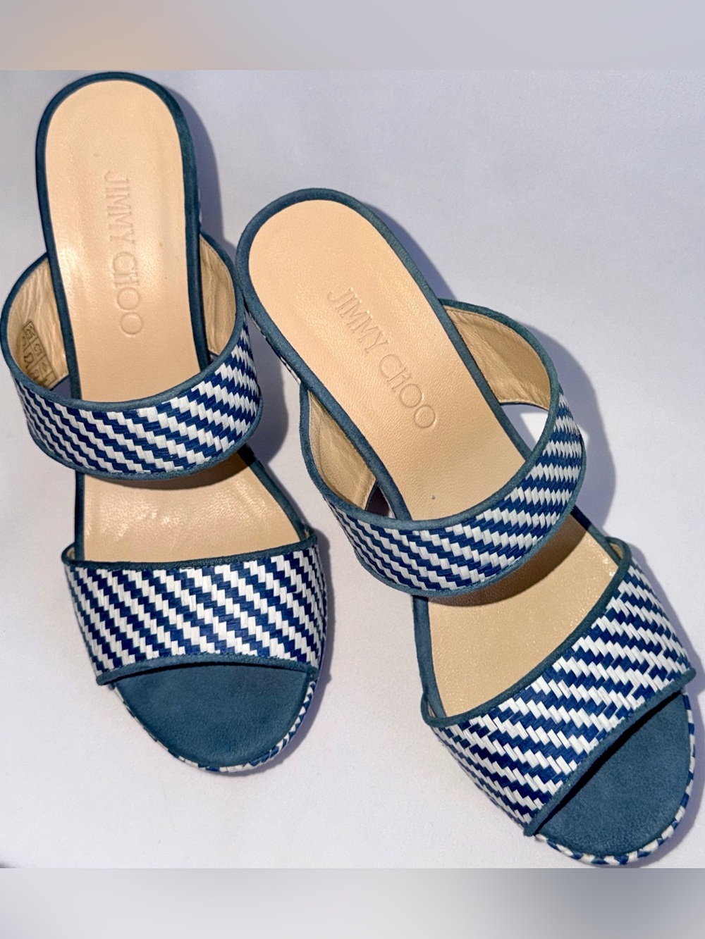 Jimmy Choo Parker Blue White Woven Raffia Platform Wedge Sandals Size 38